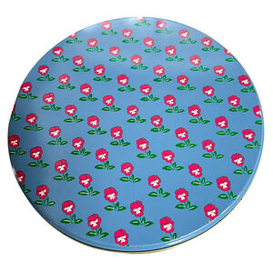 Lillian Vernon Vtg 1986 Tin Trinket Button Box Blue With Red Flowers Country